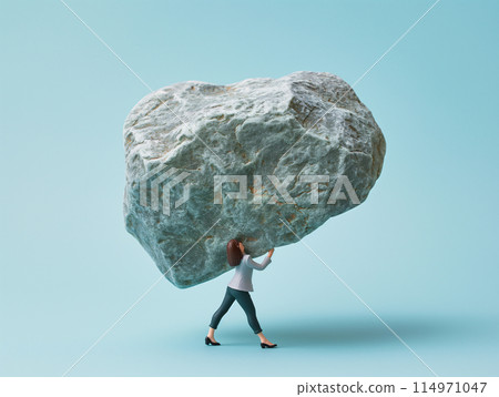 A miniature female figure wearing a suit holding a large rock 114971047