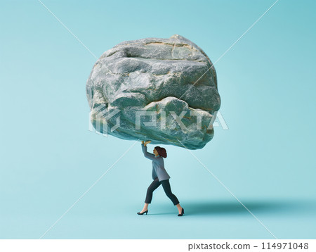 A miniature female figure wearing a suit holding a large rock 114971048