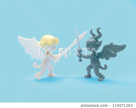 Image of a figurine of an angel and a devil fighting 114971263