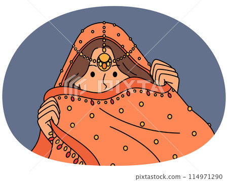 Indian woman hides face behind national dress during traditional cultural ritual or ethnic wedding Indian woman hides face behind national dress during traditional cultural ritual or ethnic wedding 114971290