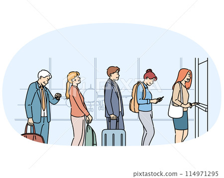 Queue at airport of people taking off by plane and passing through customs control Queue at airport of people taking off by plane and passing through customs control 114971295