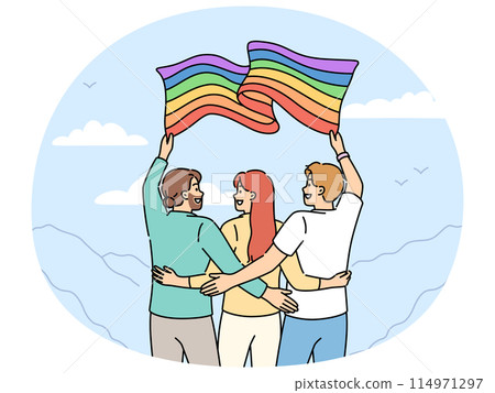 Group of people with LGBT flag travel with pride community and admire beautiful nature Group of people with LGBT flag travel with pride community and admire beautiful nature 114971297
