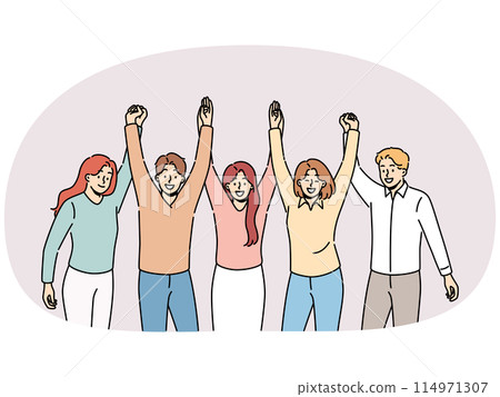 Friendly team holding hands and smiling for concept of successful collaboration to achieve goals Friendly team holding hands and smiling for concept of successful collaboration to achieve goals 114971307
