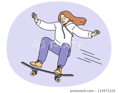 Brave girl skateboarder makes aerial stunt by bouncing on professional ramp in skatepark 114971328