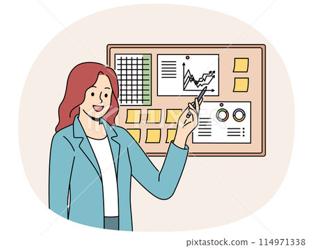 Businesswoman demonstrates financial graphs and charts pinned on cork board in office Businesswoman demonstrates financial graphs and charts pinned on cork board in office 114971338