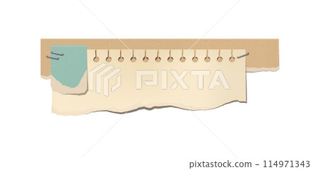 Vector image of torn kraft paper of different colors with a piece of notebook sheet. Vector image of torn kraft paper of different colors with a piece of notebook sheet. 114971343