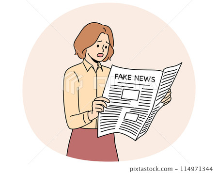 Newspaper with fake news in hands of woman reading false information from reporters using propaganda 114971344
