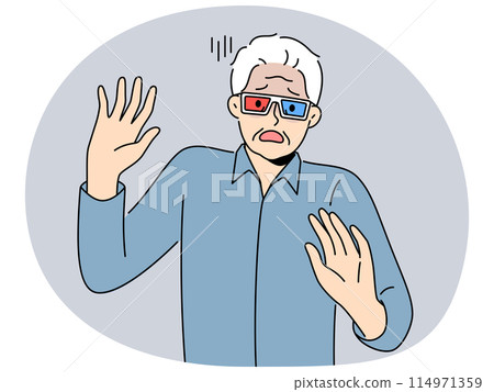 Elderly man in cinema glasses gets scared sees 3d special effects in movie for first time Elderly man in cinema glasses gets scared sees 3d special effects in movie for first time 114971359