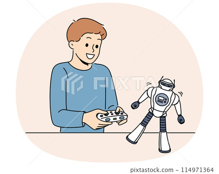 Boy with toy remote controlled robot for concept of learning robotics at school or kindergarten 114971364