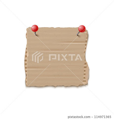 Piece of torn cardboard attached with stationery red pins, vector ripped corrugated brown paper fragment, empty notice Piece of torn cardboard attached with stationery red pins, vector ripped corrugated brown paper fragment, empty notice 114971365