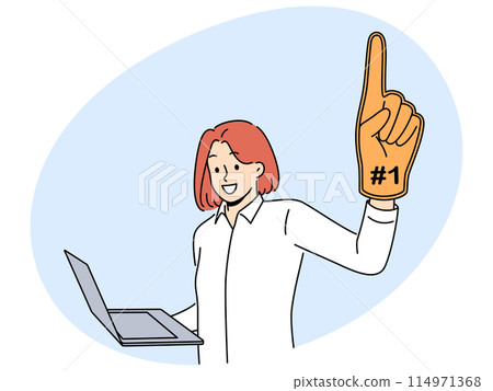 Woman leader with laptop and giant champion hand symbolizing success in internet career Woman leader with laptop and giant champion hand symbolizing success in internet career 114971368