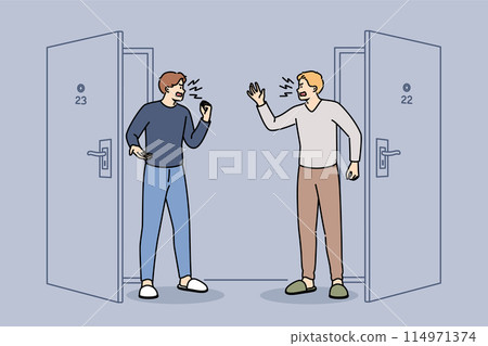 Conflict and cursing neighbors standing in corridor near door, shouting insults or mutual grievances 114971374