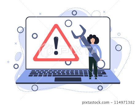 Illustration of a broken laptop. Error warning sign on the screen. Vector image of a broken or repaired computer Illustration of a broken laptop. Error warning sign on the screen. Vector image of a broken or repaired computer 114971382