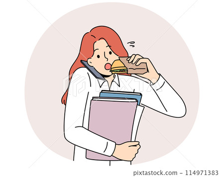 Busy multitasking woman answers phone biting on sandwich to save time at tasty lunch 114971383