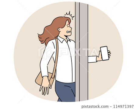 Woman with phone crashed into street pole due to digital addiction and inattention while walking 114971397