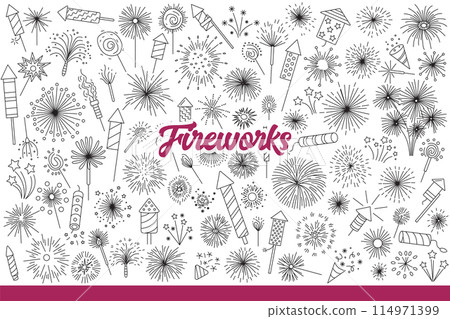 Fireworks and firecrackers for bright holiday show with explosion of gunpowder. Hand drawn doodle Fireworks and firecrackers for bright holiday show with explosion of gunpowder. Hand drawn doodle 114971399