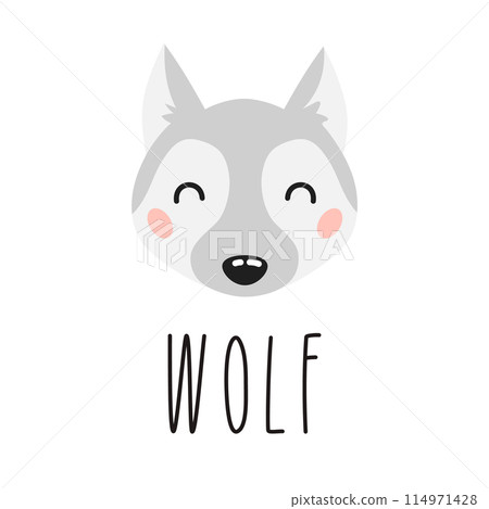 Cute cartoon wolf head with lettering. Kids design for print, poster, stickers, nursery. Vector illustration 114971428
