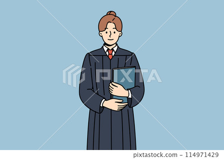 Judge woman in robe stands with book in hands, inviting to participate in meeting and make verdict Judge woman in robe stands with book in hands, inviting to participate in meeting and make verdict 114971429
