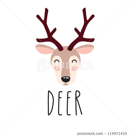 Cute cartoon deer head with lettering. Kids design for print, poster, stickers, nursery. Vector illustration 114971430