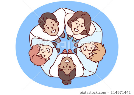 Team diverse businesspeople stand in circle and hugging colleagues look up during team building Team diverse businesspeople stand in circle and hugging colleagues look up during team building 114971441