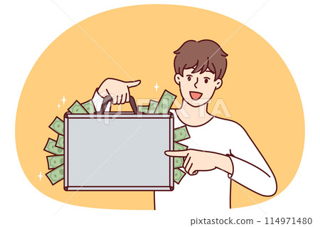 Happy man with suitcase full money showing off big profits from own business or cash won at casino Happy man with suitcase full money showing off big profits from own business or cash won at casino 114971480