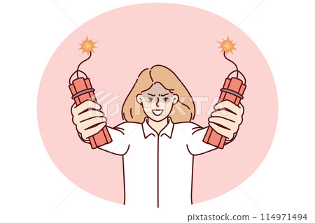Angry businesswoman holding dynamite in hands threatening to make explosion company employees 114971494