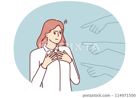 Hands pointing at puzzled girl for concept blame and condemnation person who made mistake 114971500