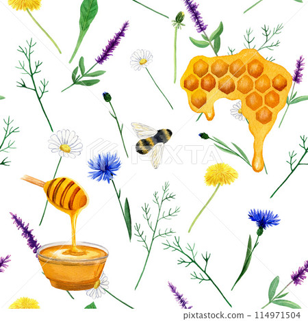 Seamless floral watercolor pattern with garden flowers, bee, cup of honey and honeycombs. Hand drawn in watercolor on white background 114971504