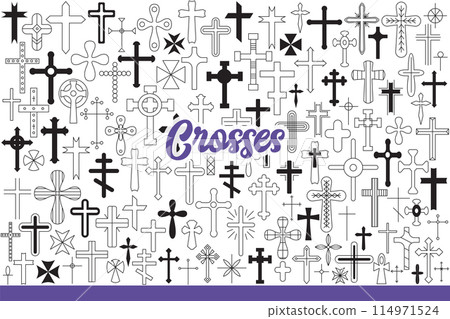 Religious crosses and crucifix symbolizing christianity and catholicism. Hand drawn doodle 114971524
