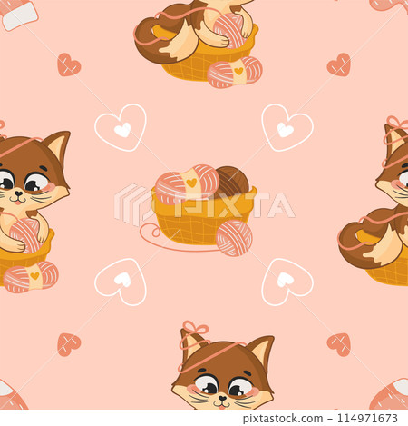 Cute seamless pattern with adorable cat characters and knitting supplies 114971673