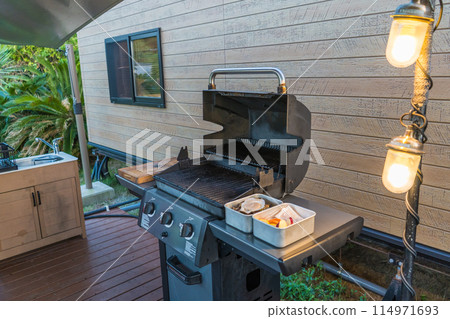 在小屋的露臺上享受豪華燒烤的豪華露營風景 在小屋的露臺上享受豪華燒烤的豪華露營風景 114971693