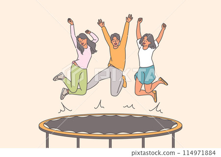Happy people jumping on trampoline enjoying opportunity for active recreation with friends 114971884