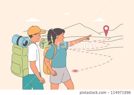 Couple of tourists went hiking and look at hills choosing best path or route to reach their goal 114971896