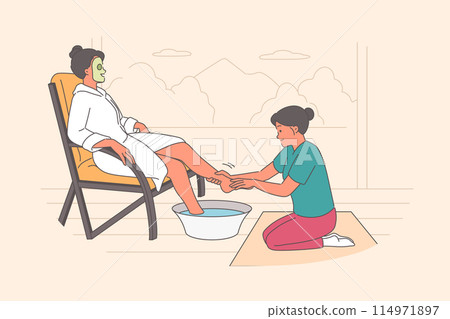 Woman visits SPA salon and enjoys foot massage service, sitting in chair with cosmetic mask on face Woman visits SPA salon and enjoys foot massage service, sitting in chair with cosmetic mask on face 114971897
