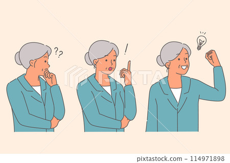 Elderly business woman thinking about problem, coming up with idea to get out of difficult situation Elderly business woman thinking about problem, coming up with idea to get out of difficult situation 114971898