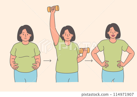 Evolution of woman losing excess weight and lifting dumbbells in gym to get rid of fat 114971907