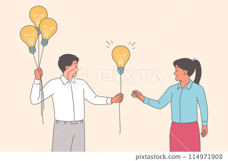 Business man sharing ideas with colleague working as creative producer and holding light bulbs 114971908