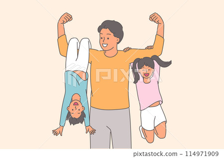 Strong father lifts children in arms and shows biceps, proud of having little son and daughter. 114971909