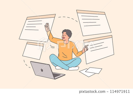 Man programmer develops UI and UX design using virtual screens, sitting on floor near laptop Man programmer develops UI and UX design using virtual screens, sitting on floor near laptop 114971911