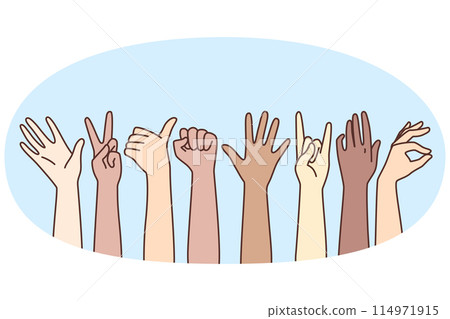Diverse people show sign language signs Diverse people show sign language signs 114971915