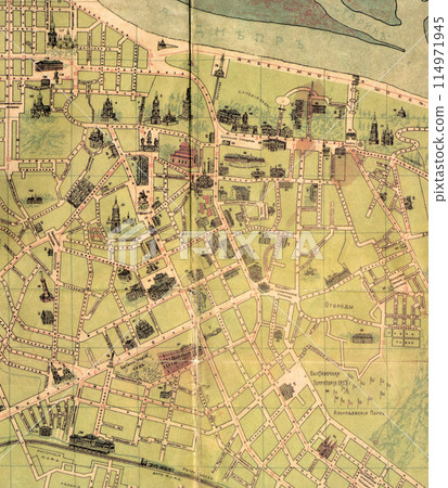 Kiev city plan of 1900. Old drawing map background 114971945