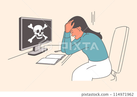 Woman victim of hacker attack is upset because computer was hacked sitting near coin with skull 114971962