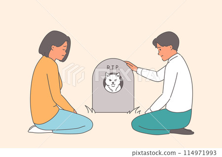 Sad people bury beloved cat sitting near gravestone with inscription rip and portrait of cute pet 114971993