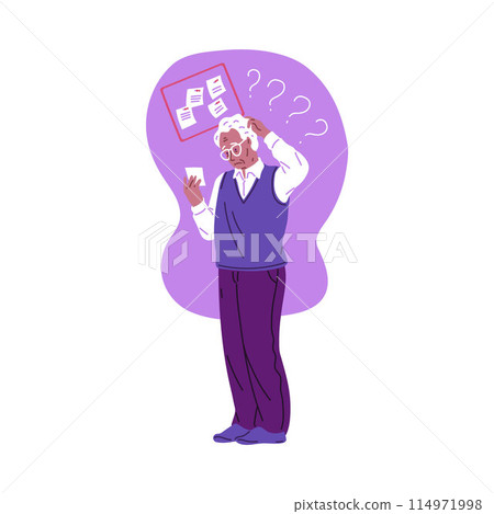 Elderly confused man reads notes and trying remember, memory loss, Alzheimer disease vector character, amnesia dementia Elderly confused man reads notes and trying remember, memory loss, Alzheimer disease vector character, amnesia dementia 114971998