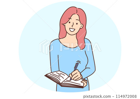 Smiling woman writing in notebook Smiling woman writing in notebook 114972008