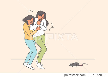 Frightened women scream at sight of mouse or rat running past, suffering from musophobia 114972010