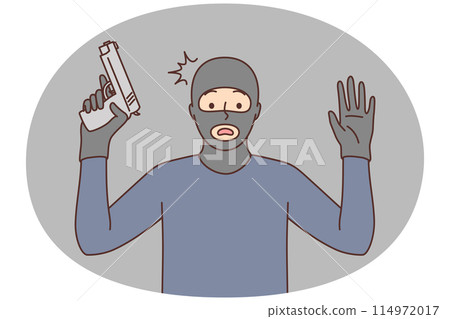 Male robber with gun raise hands up 114972017
