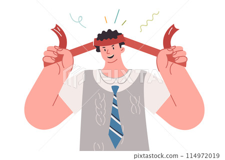 Ambitious business man is ready to work and solve complex problems, tying red bandage on forehead Ambitious business man is ready to work and solve complex problems, tying red bandage on forehead 114972019