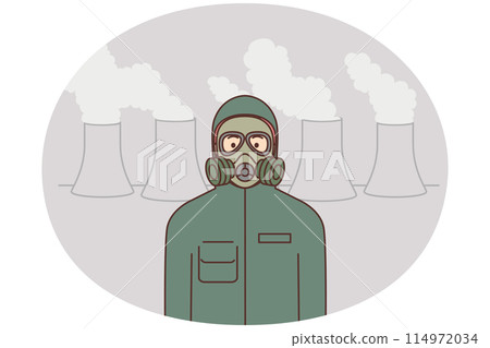Man in protective costume near chemical factory Man in protective costume near chemical factory 114972034