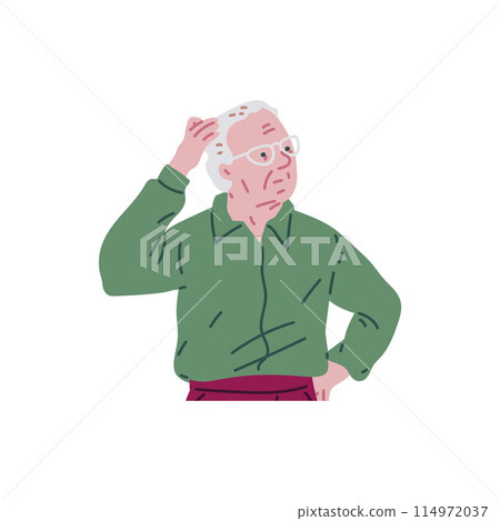 Alzheimer illness disease old male patient, vector elderly confused man memory loss, trying remember, amnesia dementia Alzheimer illness disease old male patient, vector elderly confused man memory loss, trying remember, amnesia dementia 114972037